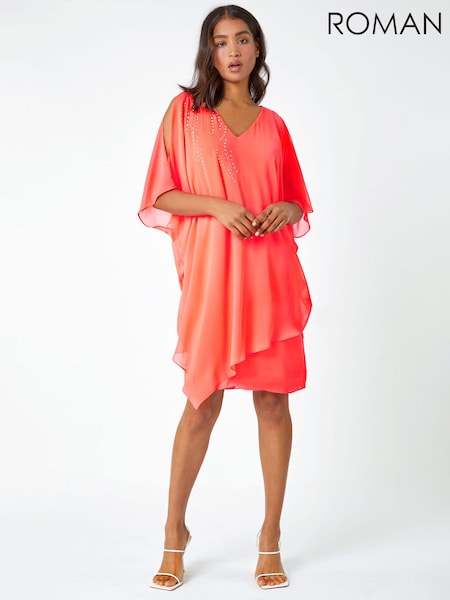 Roman Orange Embellished Cold Shoulder Overlay Dress (Q59220) | €34