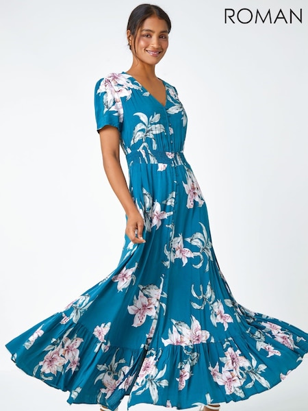Roman Blue Floral Print Shirred Waist Maxi Dress (Q59295) | €68