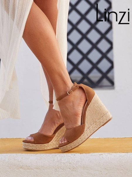 Linzi Light Brown Gracio Rope Platform Espadrille Wedges With Wrap Around Ankle Strap (Q59440) | €51
