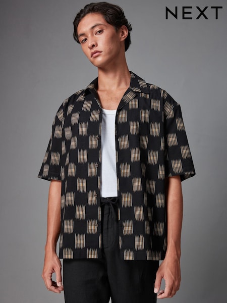 Negru - Printed Short Sleeve Shirt With Cuban Collar (Q59751) | 119 LEI