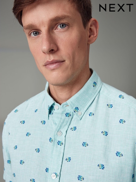 Green Linen Blend Printed Short Sleeve Shirt (Q59770) | AED28