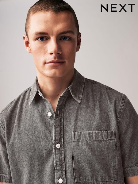 Gri - 100% Cotton Denim Mânecă scurtă Cămăși (Q59772) | 127 LEI