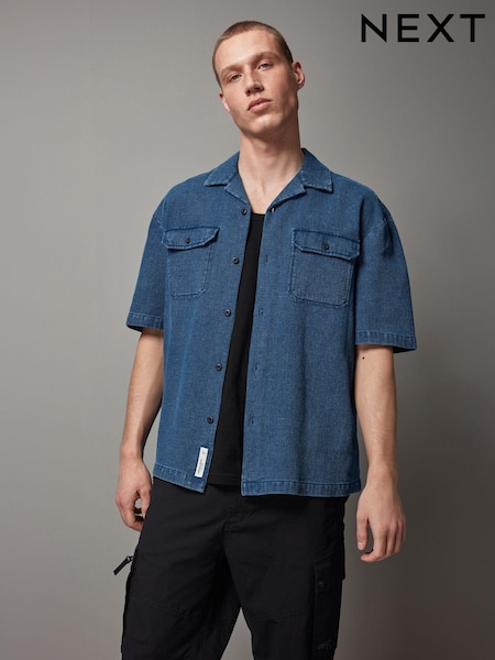 Blue 100% Cotton Short Sleeve Textured Denim Twin Pocket Shirt (Q59777) | €9