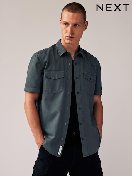 Серый - 100% Cotton Textured Short Sleeve Western Shirt (Q59778) | €8