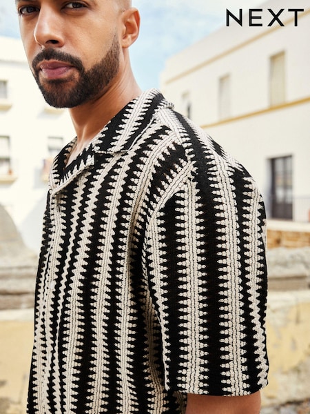 Negru/Ecru - Dungă Crochet Mânecă scurtă Shirt (Q59779) | 139 LEI