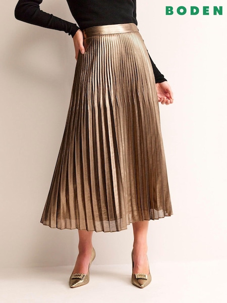 Boden Gold Metallic Pleated Midi Skirt (Q59817) | €133