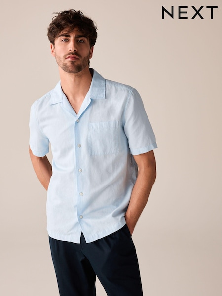 Light Blue Cuban Collar Linen Blend Short Sleeve Shirt (Q60195) | €6