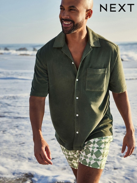 Verde - Textured Toweling Mânecă scurtă Cămașă (Q60198) | 119 LEI