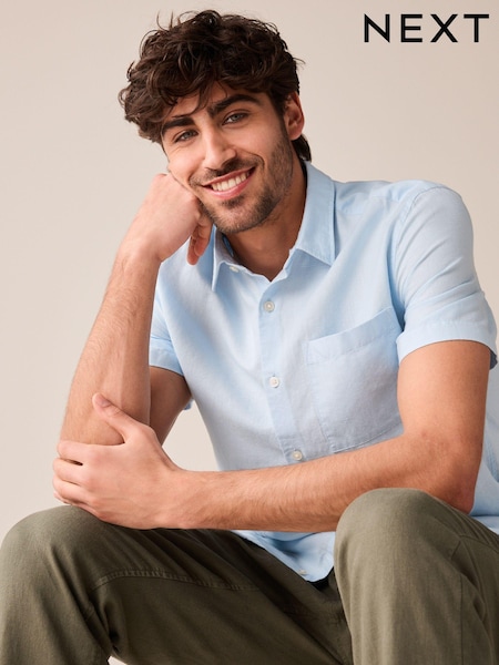 Light Blue Linen Blend Short Sleeve Shirt (Q60201) | 41 QAR
