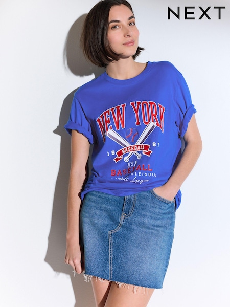 Blue Relaxed Fit Amercian Baseball 100% Cotton Graphic T-Shirt (Q60438) | €4