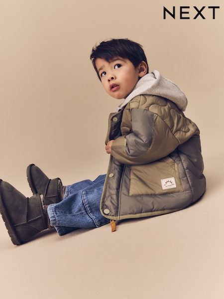 Khaki Green Onion Quilt Jacket with Removable Hood (3mths-7yrs) (Q60453) | €38 - €43