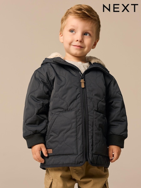 שחור - Quilted Borg Fleece Lined Shower Resistant Coat (3mths-7yrs) (Q60455) | ‏92‏₪ - ‏109‏ ₪