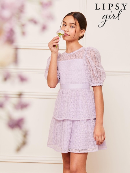 Lipsy Lilac Purple Lace Puff Sleeve Occasion Dress (5-16yrs) (Q60457) | ₪252 - ₪285