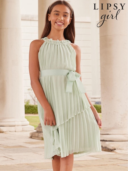 Lipsy Sage Green Pleated Chiffon Occasion Dress (Q60482) | € 32 - € 38