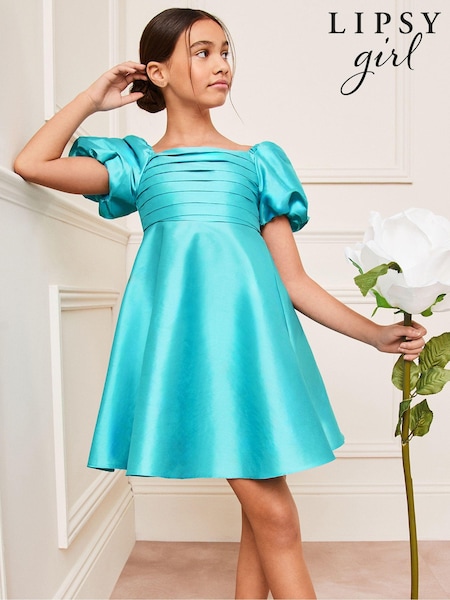 Lipsy Blue Taffeta Square Neck Occasion Dress (3-16yrs) (Q60496) | €17 - €20.50
