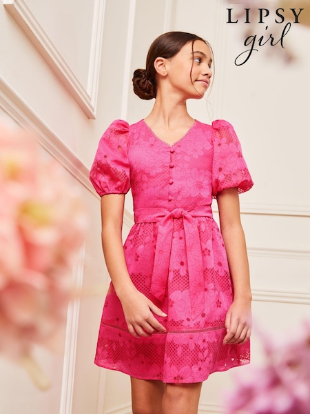 Pink - Lipsy Puff Sleeve Occasion Dress (5-16yrs) (Q60498) | 17 € - 19 €