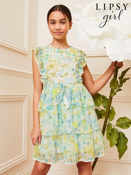 Lipsy Green/White Floral Chiffon Ruffle Mini Dress (5-16yrs) (Q60517) | €54 - €66
