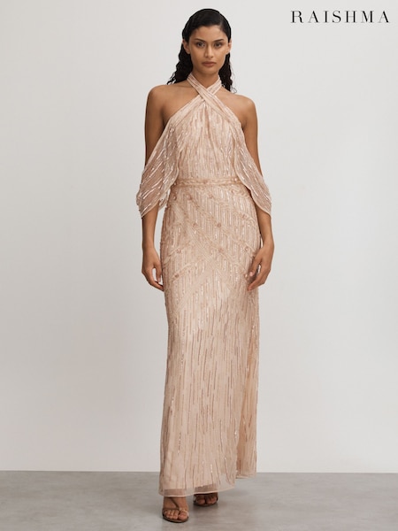 Raishma Nude Embellished Cross Front Maxi Dress (Q60905) | €937