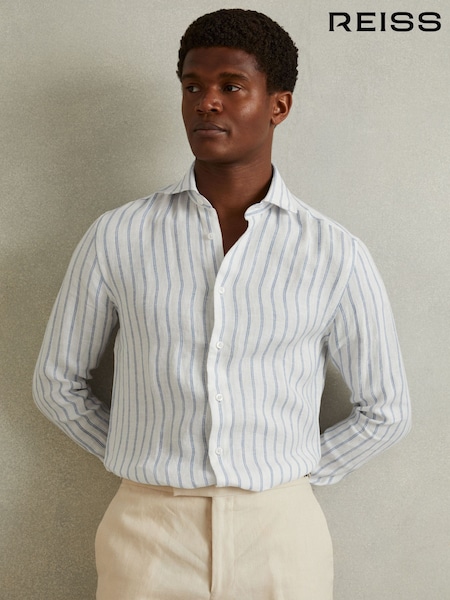 Reiss Blue Stripe Ruban Linen Button-Through Shirt (Q60906) | €85