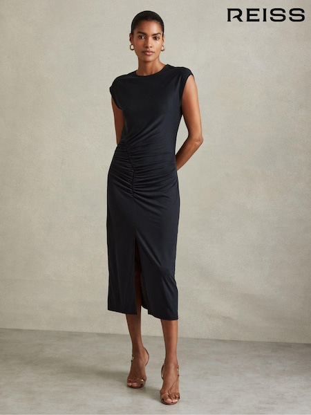 Reiss Charcoal Lenara Ruche Front Capped Sleeve Jersey Midi Dress (Q60909) | €182