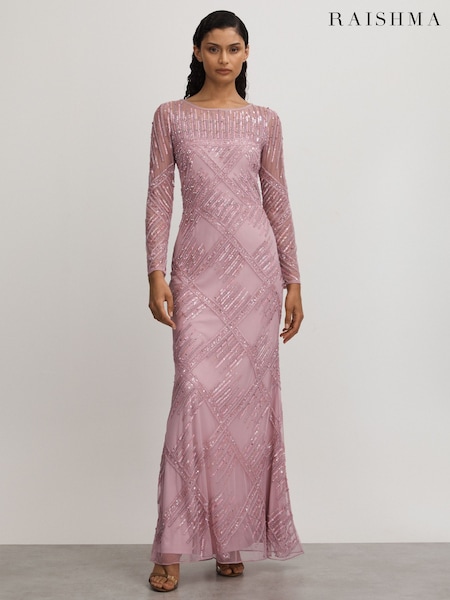 Raishma Pink Embellished Mesh Sheer Sleeve Maxi Dress (Q60911) | 41,756 UAH