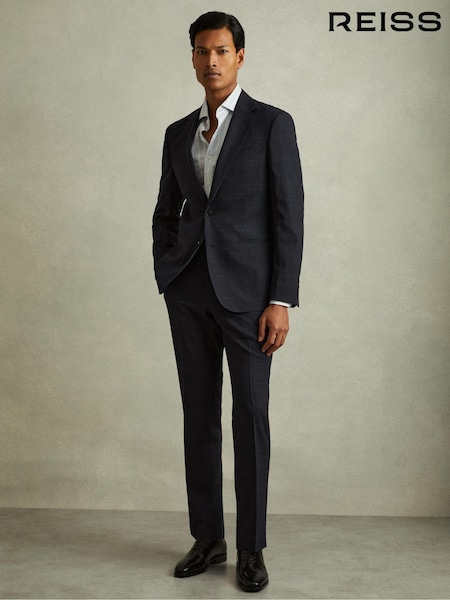 Reiss Navy Grace Wool Blend Suit Trousers in Prince of Wales Check (Q60922) | AED1,138