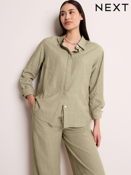 Khaki Green Stripe Long Sleeve Seersucker Texture Shirt (Q60932) | €7