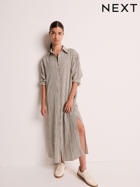 Črne in bele črte - Long Sleeve Textured Seersucker Shirt Dress (Q60934) | € 27