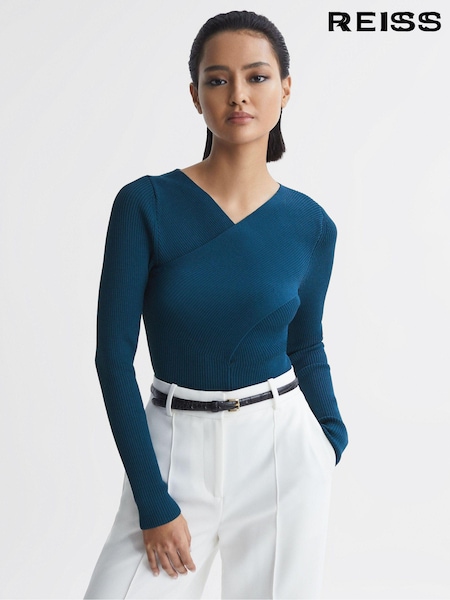 Albastru verzui - Reiss Heidi Knitted Wrap Long Sleeve Top (Q60998) | 974 LEI