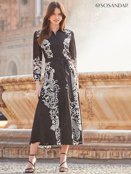 Sosandar Black Floral Print Belted Midi Shirt Dress (Q61037) | 195 QAR