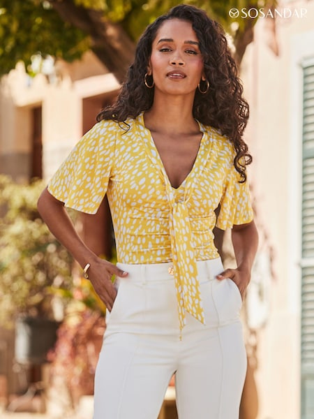 Keltainen - Sosandar Print Ruched Detail Tie Neck Jersey Top (Q61054) | €71