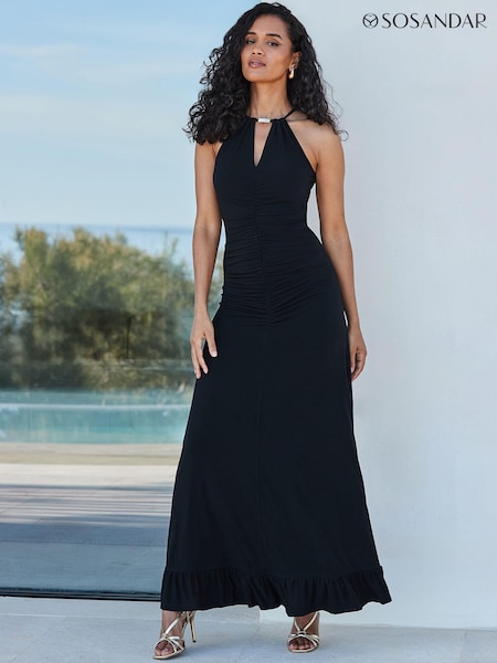 Sosandar Black Ruched Front Halter Neck Jersey Maxi Dress (Q61076) | 371 QAR