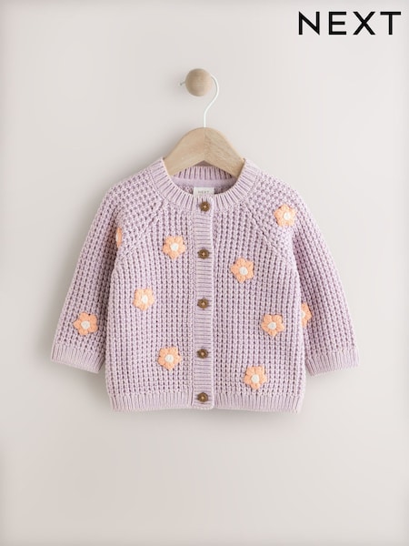 Purple and Apricot Flower Baby Button Cardigan (0mths-2yrs) (Q61164) | $52 - $58