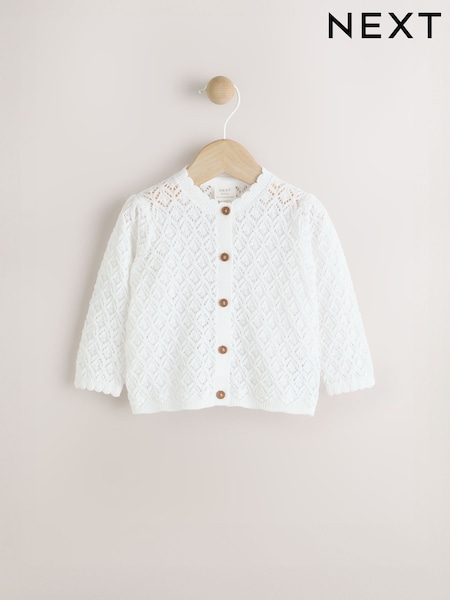 White Pointelle Baby Knitted 100% Cotton Cardigan (0mths-2yrs) (Q61171) | 494 UAH - 576 UAH
