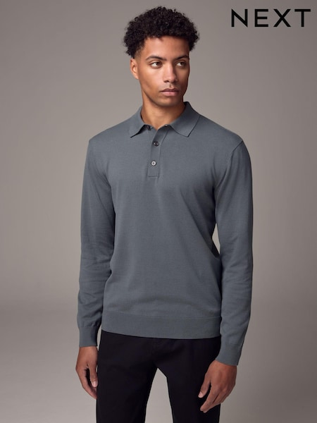 Slate Blue Slim Fit Knitted Long Sleeve Polo Shirt (Q61231) | €16