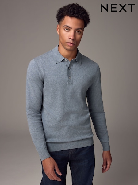 Light Blue Marl Slim Fit Knitted Long Sleeve Polo Shirt (Q61233) | € 13