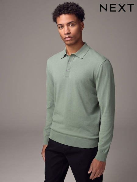 Hellgrün - Schmale Passform - Knitted Long Sleeve Polo Shirt (Q61234) | 22 €