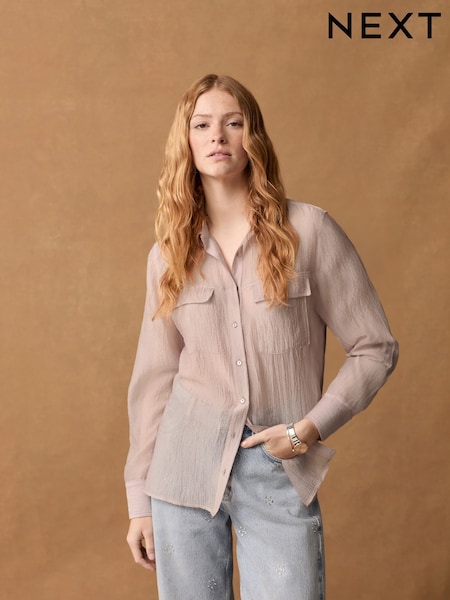 Blush Pink Sheer Textured Long Sleeve Shirt (Q61359) | AED79