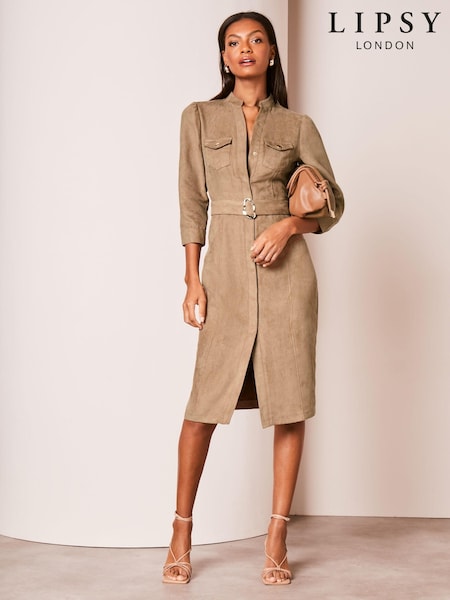 Замша верблюжья - Lipsy Collarless 3/4 Sleeve Belted Shirt Dress (Q61421) | €46