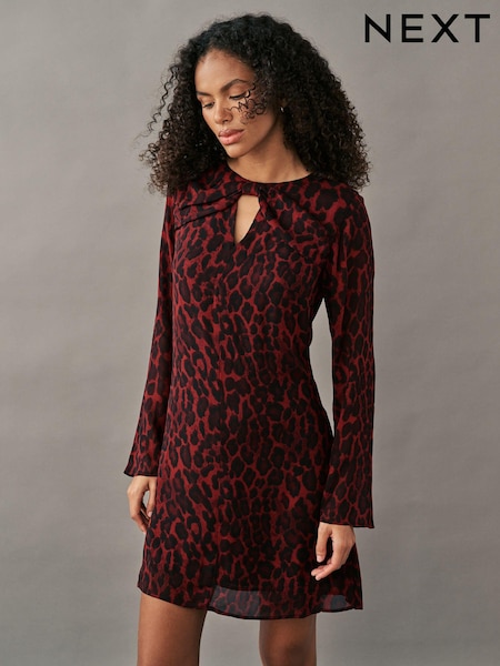 Red Animal Print Bow Neck Detail Long Sleeve Mini Dress (Q61448) | €11.50