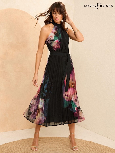 Negru cu flori - Rochie maxi cu spate gol Love & Roses Plisat (Q61476) | 272 LEI