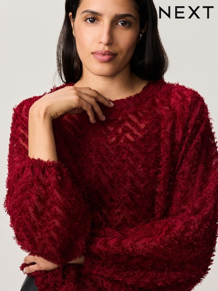 Burgundy Long Sleeve Textured Bubblehem Blouse (Q61484) | 107 QAR