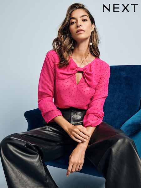 Bright Pink Flocked Spot Bow Detail Sheer Blouse (Q61625) | €13