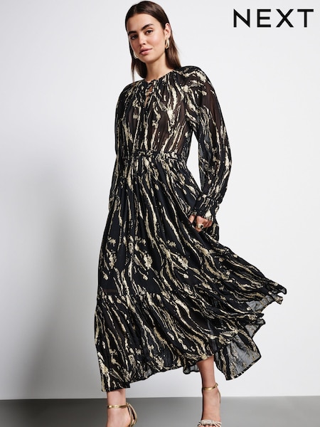 Schwarz/Gold - Long Sleeve Midi Boho Tier Dress (Q61707) | 60 €