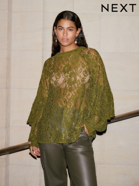 Olive Round Neck Lace Long Sleeve Blouse (Q61914) | €21