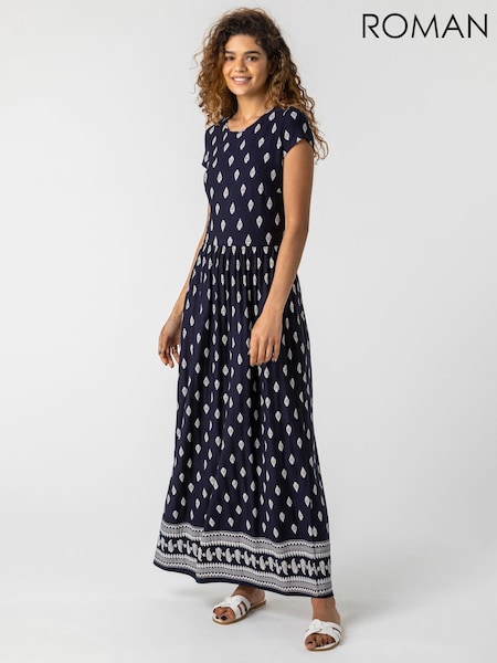 Roman Blue Paisley Border Print Maxi Dress (Q62311) | kr600