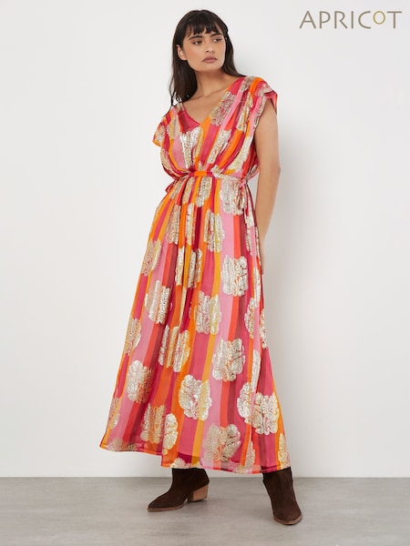 Apricot Pink Metallic Leaf Stripe Kimono Maxi Dress (Q62342) | €31