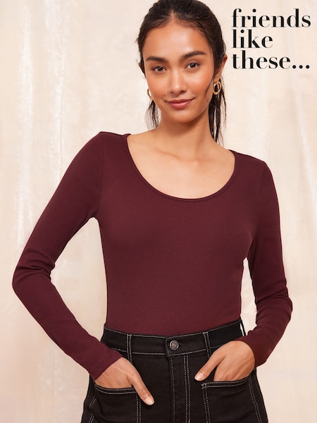 Friends Like These Burgundy Red Long Sleeve Scoop Neck Top (Q62390) | AED80