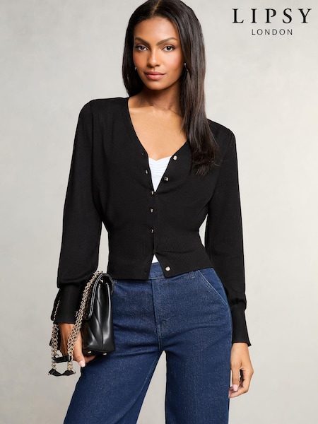 Black - Lipsy Knitted V Neck Waisted Button Cardigan (Q62409) | 133 LEI