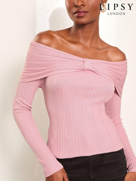 Lipsy Pink Petite Knitted Bow Detail Ribbed Jumper (Q62436) | €16